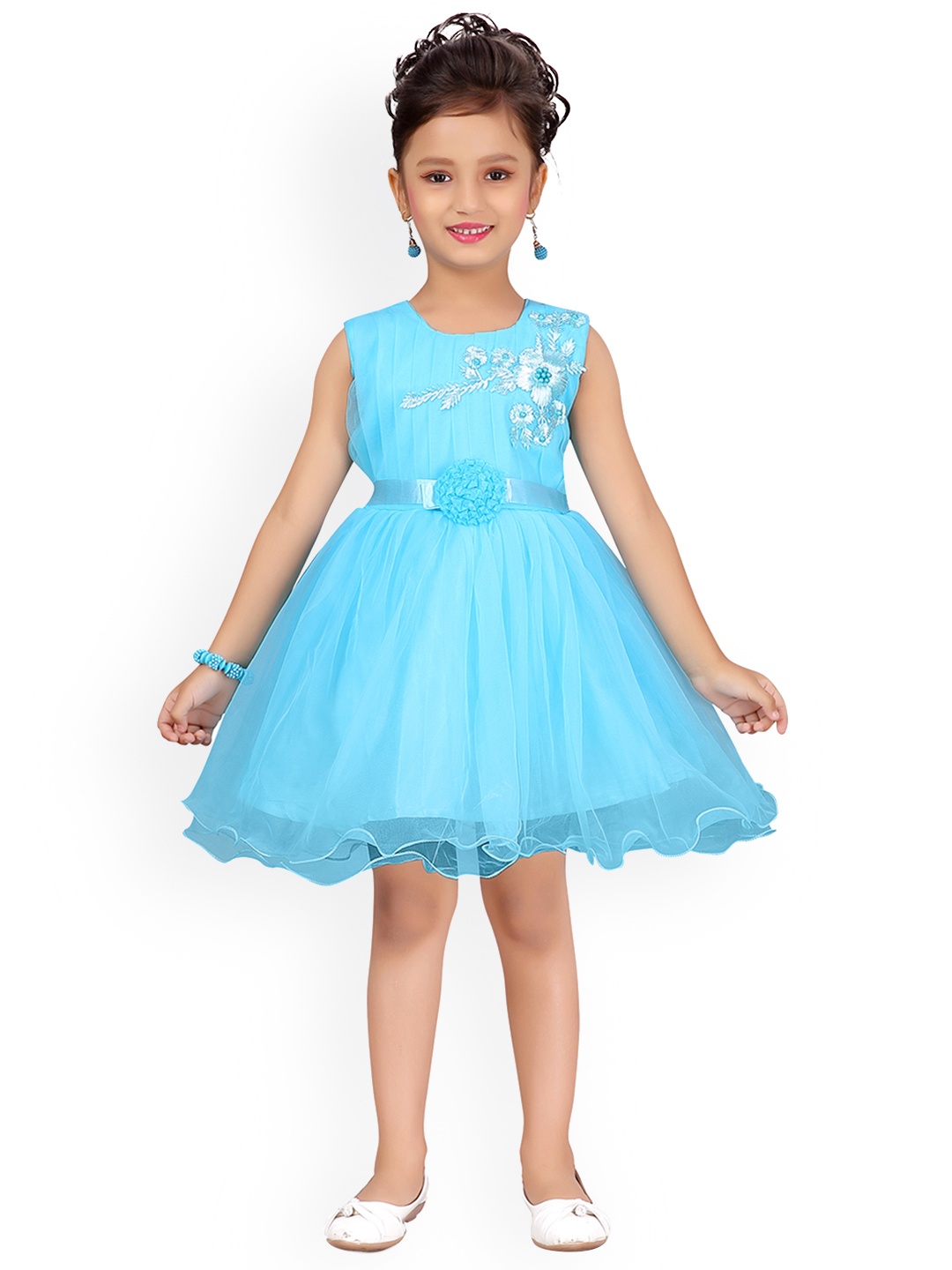 Aarika Girls Turquoise Blue Embellished Fit and Flare Dress