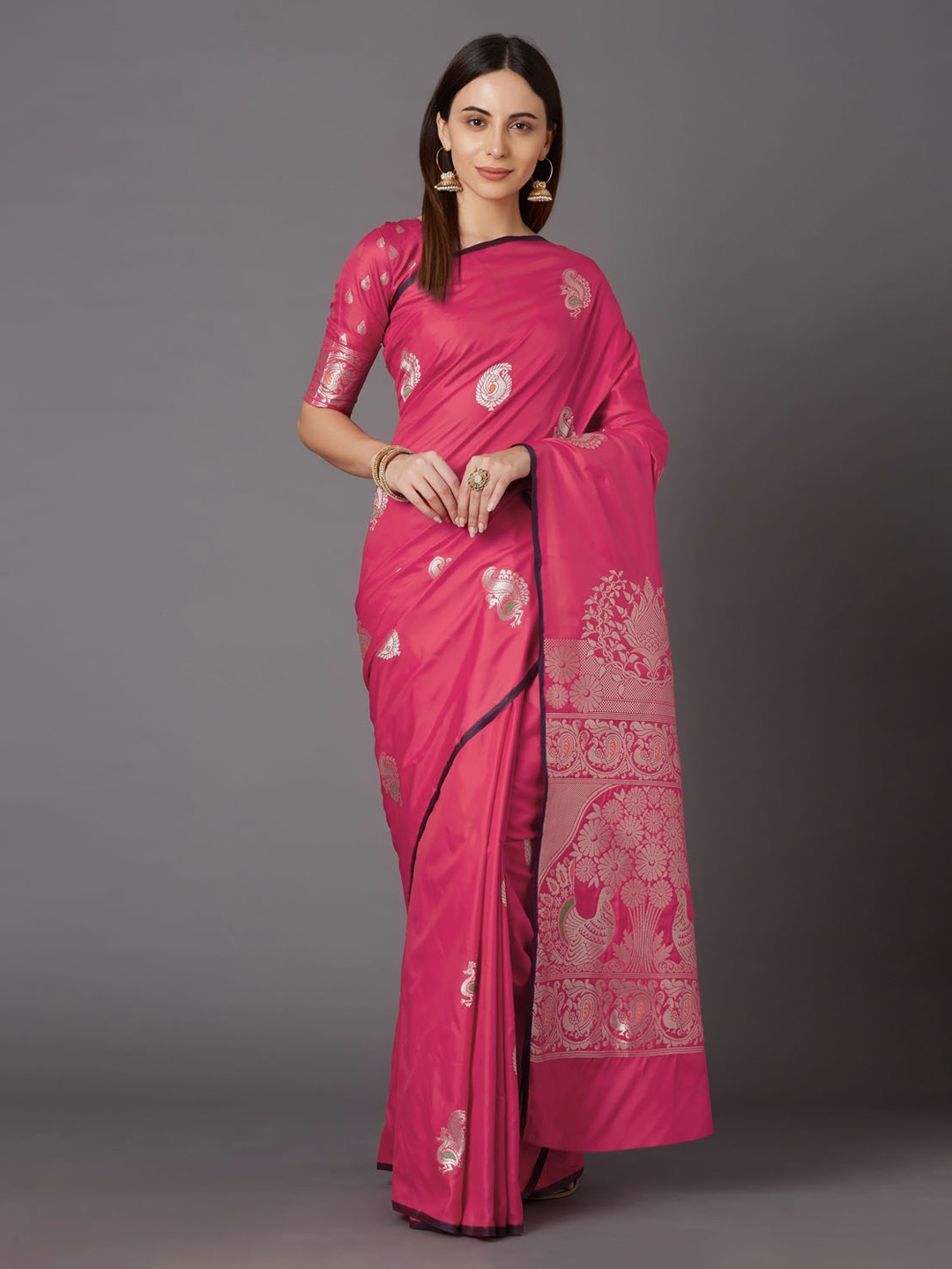 

Mitera Pink & Silver-Toned Silk Blend Woven Design Kanjeevaram Saree