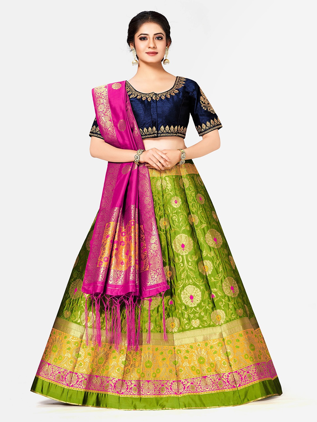 

MIMOSA Green & Pink Embroidered Semi-Stitched Lehenga & Blouse with Dupatta