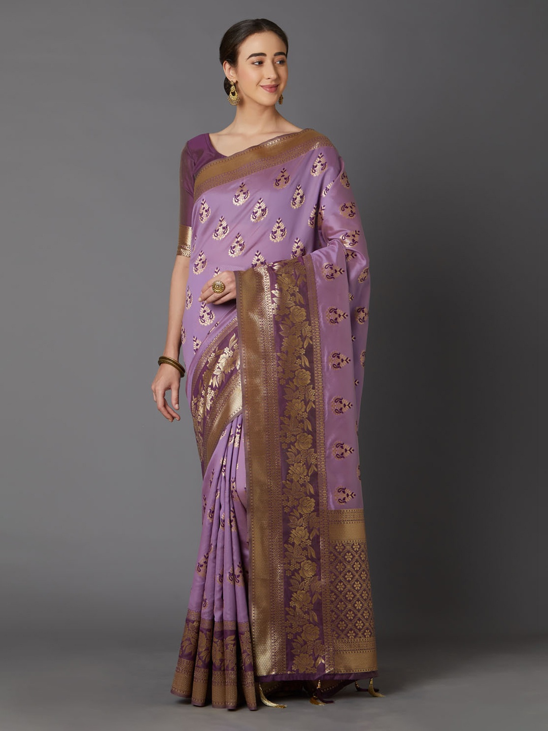 

Mitera Purple & Gold-Coloured Silk Blend Woven Design Kanjeevaram Saree