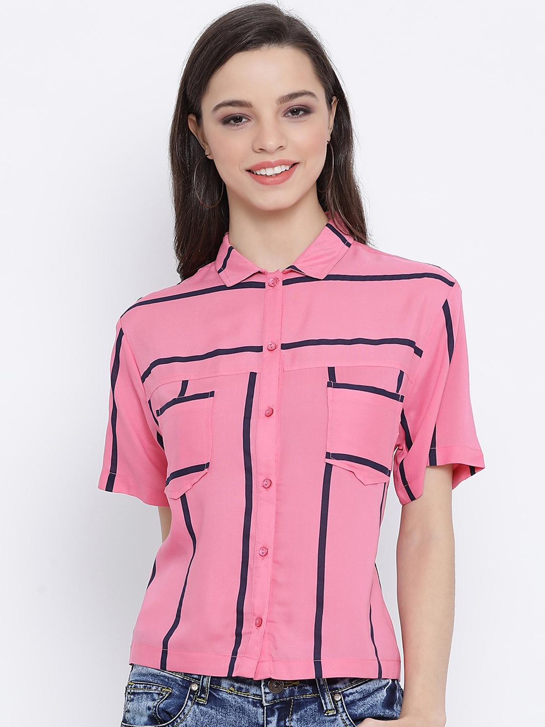 Oxolloxo Women Pink & Black Regular Fit Striped Casual Shirt