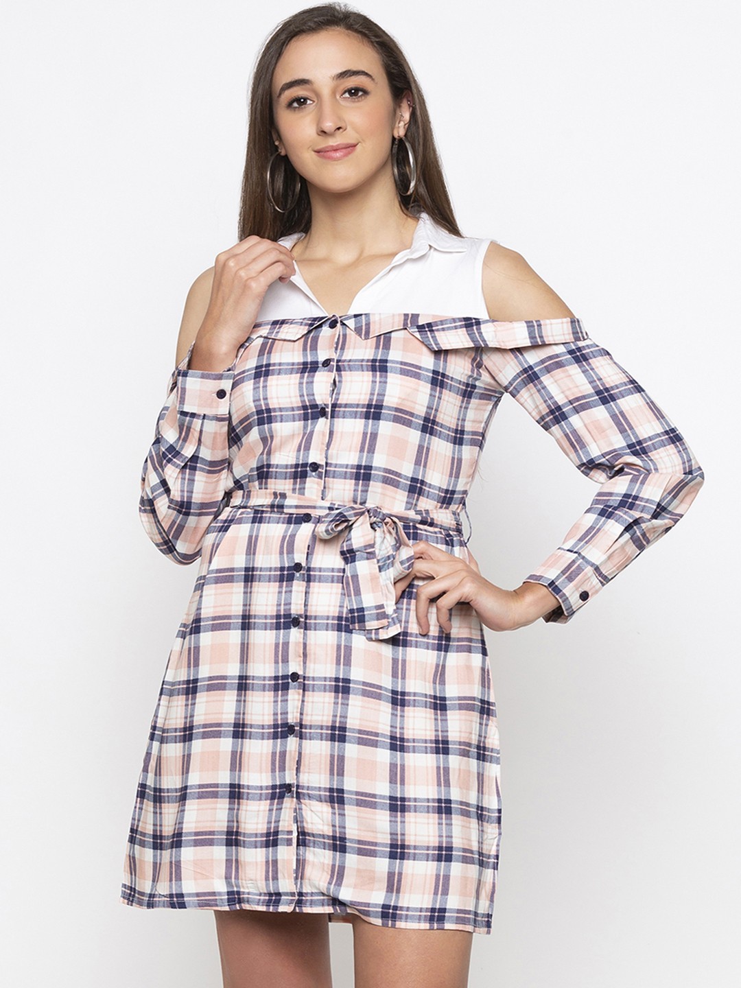

Globus Women Pink & Navy Blue Checked Shirt Dress