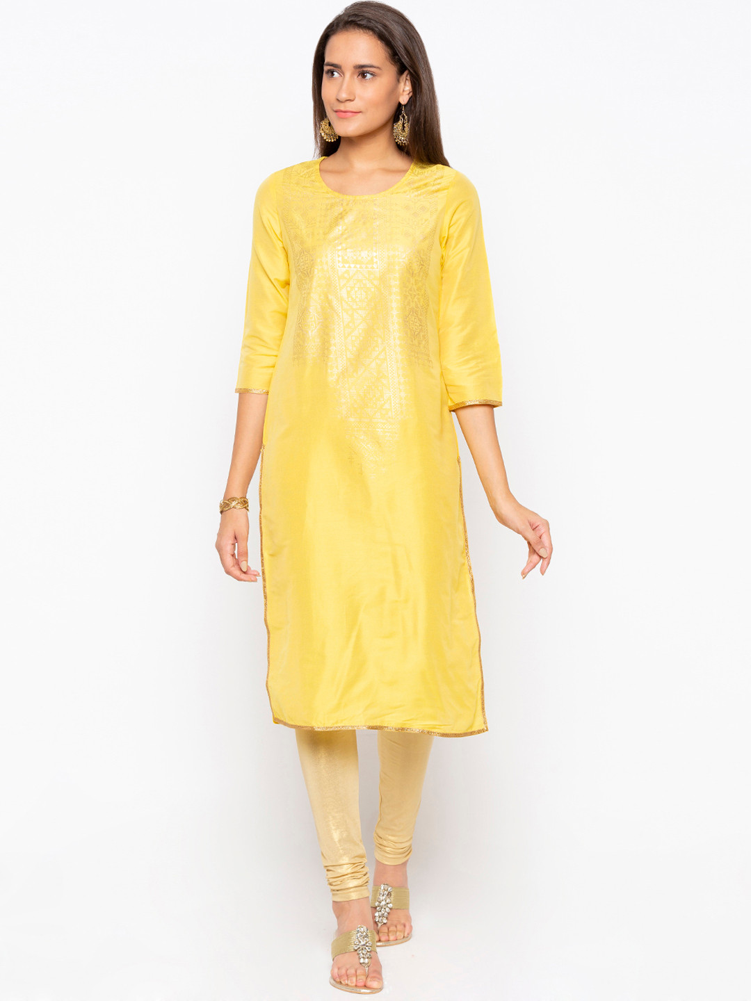 

Globus Women Yellow & Gold-Coloured Printed Straight Kurta
