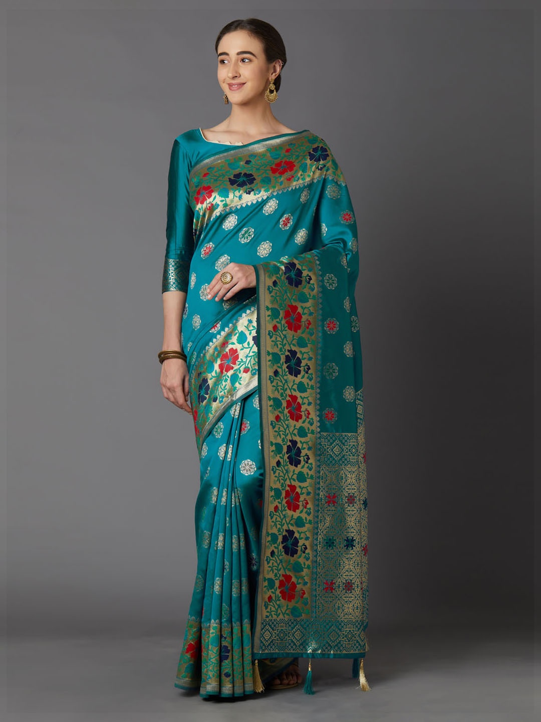 

Mitera Teal Blue & Gold-Coloured Silk Blend Woven Design Kanjeevaram Saree
