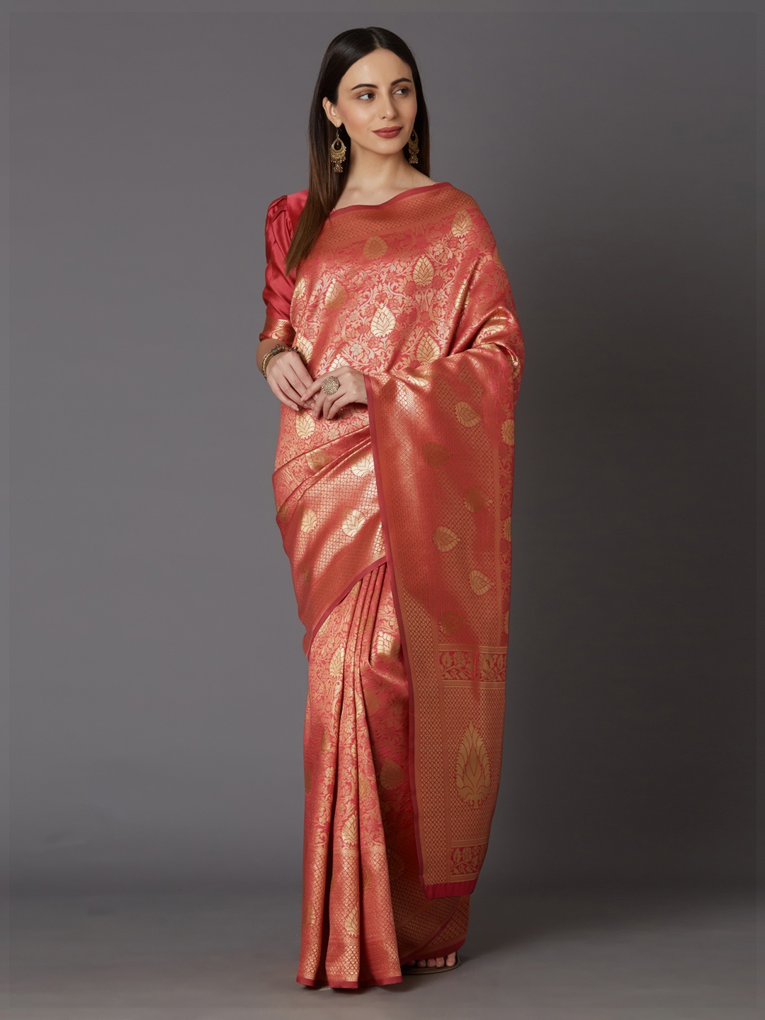 

Mitera Pink & Gold-Toned Silk Blend Woven Design Kanjeevaram Saree