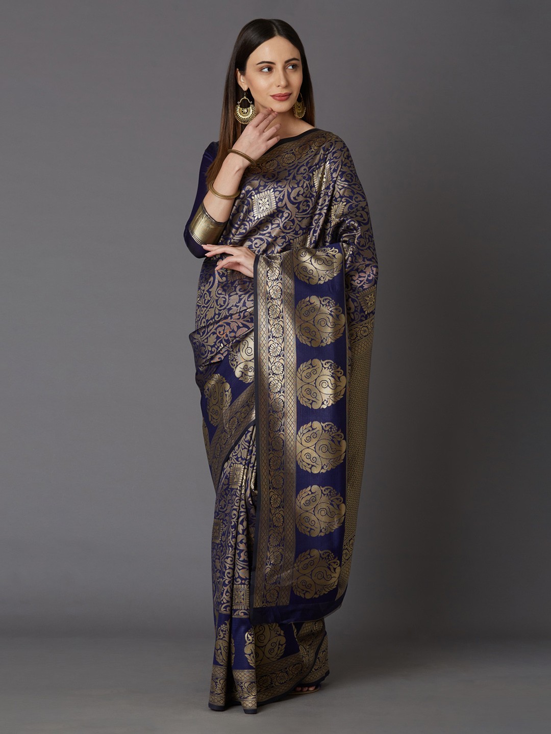 

Mitera Navy Blue & Gold-Toned Silk Blend Woven Design Kanjeevaram Saree