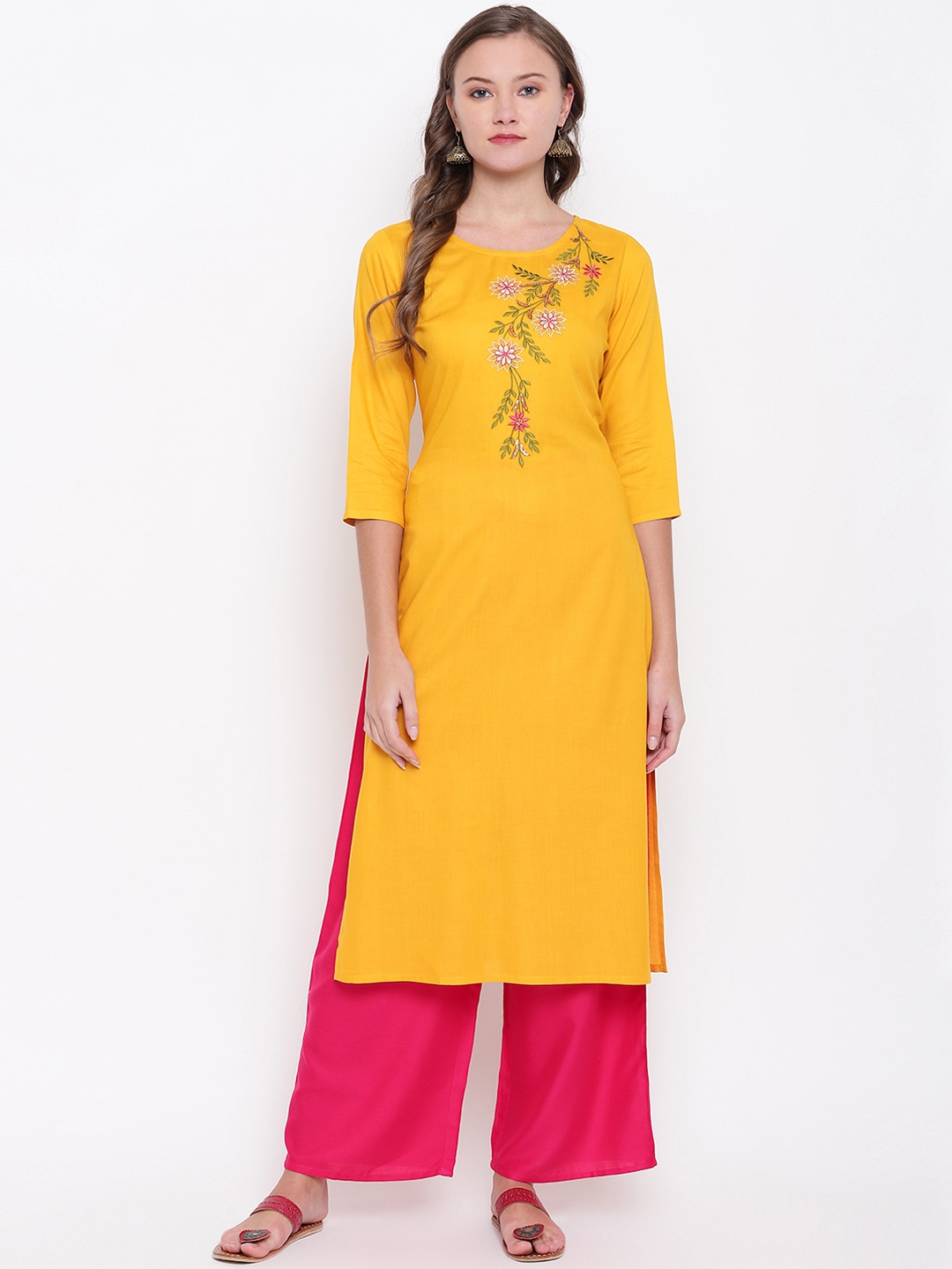 

Vbuyz Women Yellow & Pink Embroidered Kurti with Palazzos