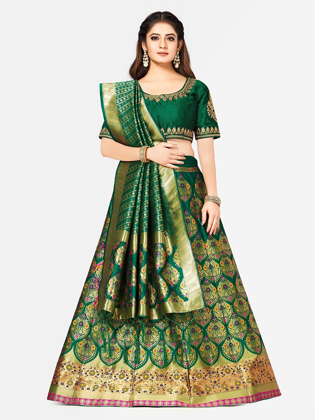 

MIMOSA Green Woven Design Semi-Stitched Bridal Lehenga & Blouse with Dupatta