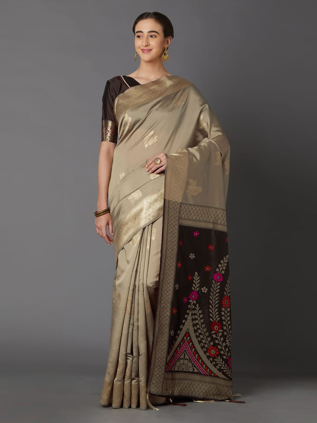 Mitera Beige & Gold-Coloured Silk Blend Woven Design Kanjeevaram Saree