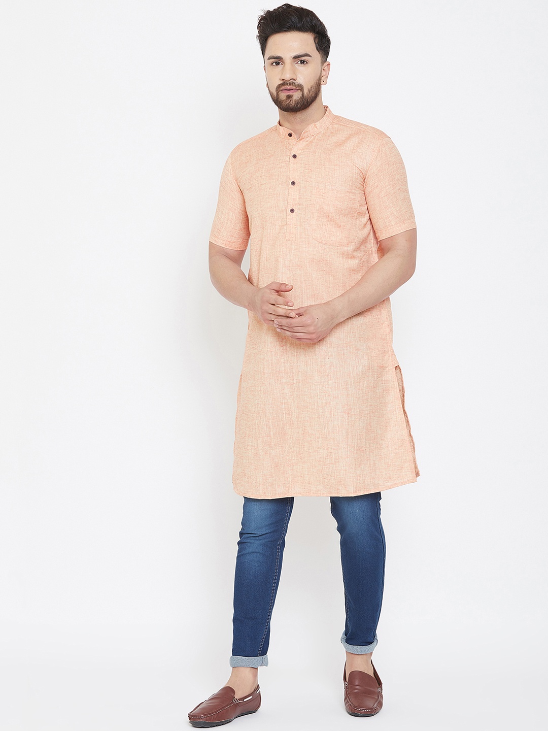

even Men Peach-Coloured Solid Straight Kurta