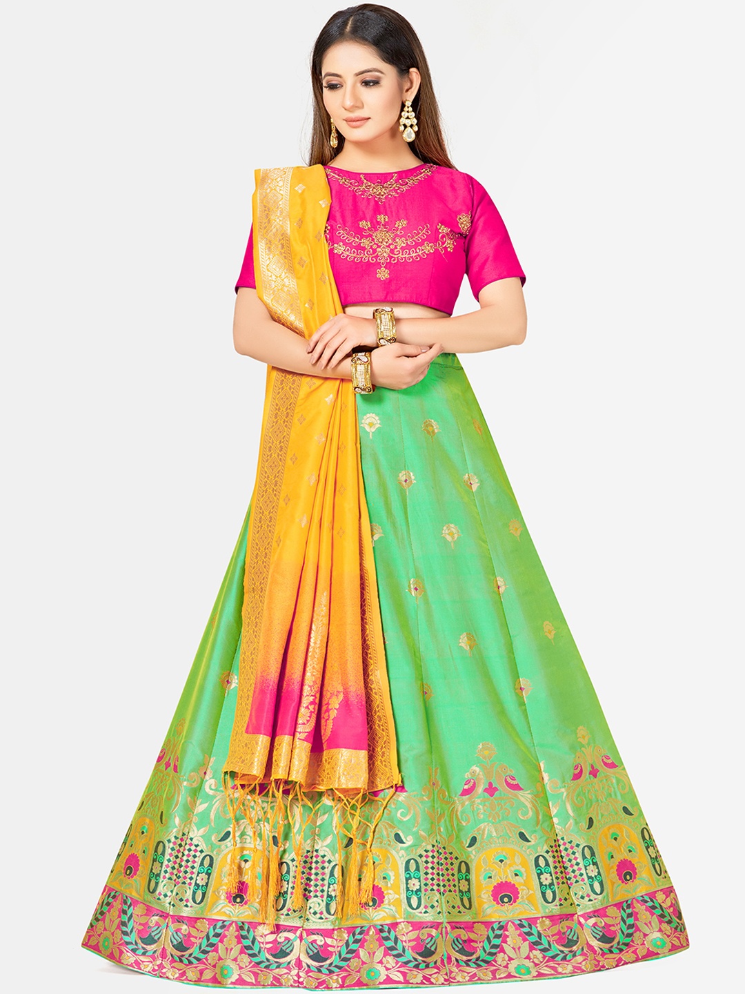 

MIMOSA Pink & Green Woven Design Semi-Stitched Bridal Lehenga & Blouse with Dupatta