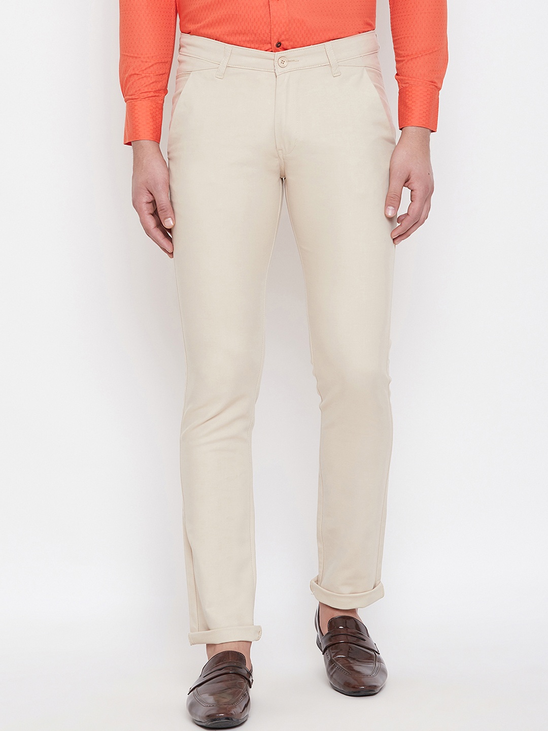 Duke Men Cream-Coloured Slim Fit Solid Regular Trousers