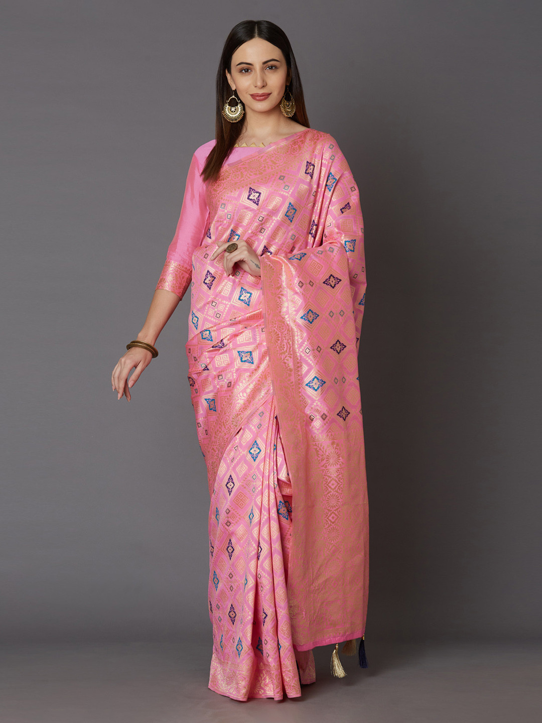 

Mitera Pink & Gold-Toned Silk Blend Woven Design Kanjeevaram Saree
