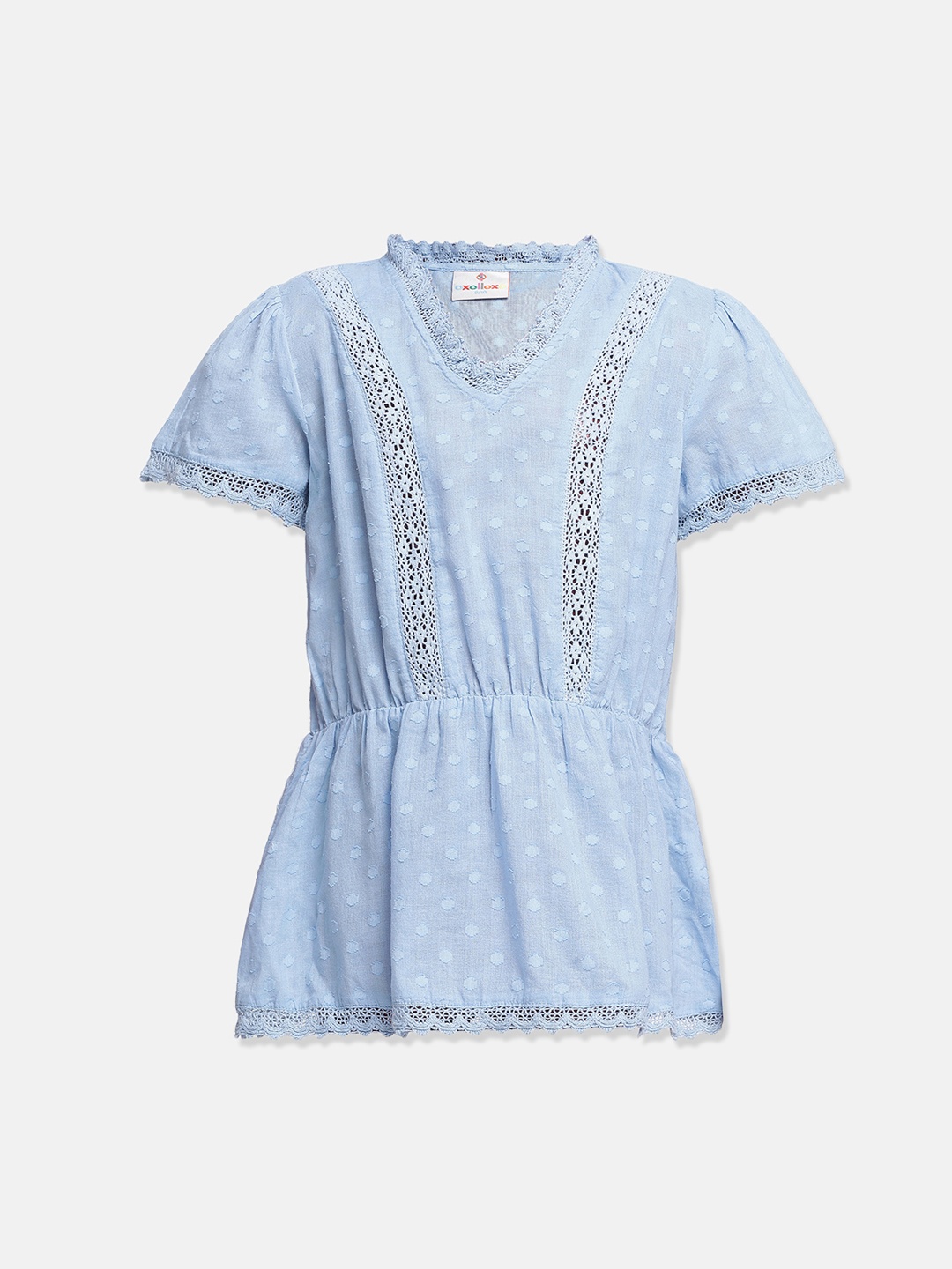 

Oxolloxo Girls Blue Self Design Cinched Waist Pure Cotton Top