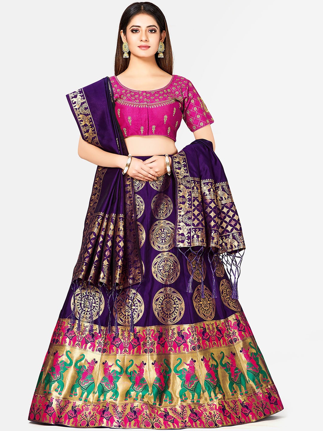 

MIMOSA Purple & Pink Embroidered Semi-Stitched Lehenga & Blouse with Dupatta