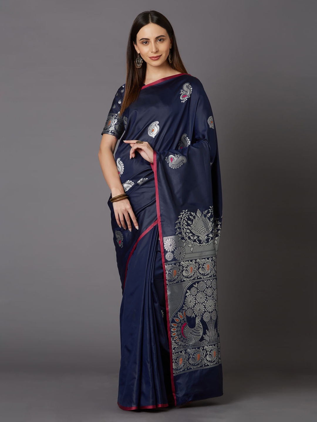 

Mitera Navy Blue & Silver-Toned Silk Blend Woven Design Kanjeevaram Saree