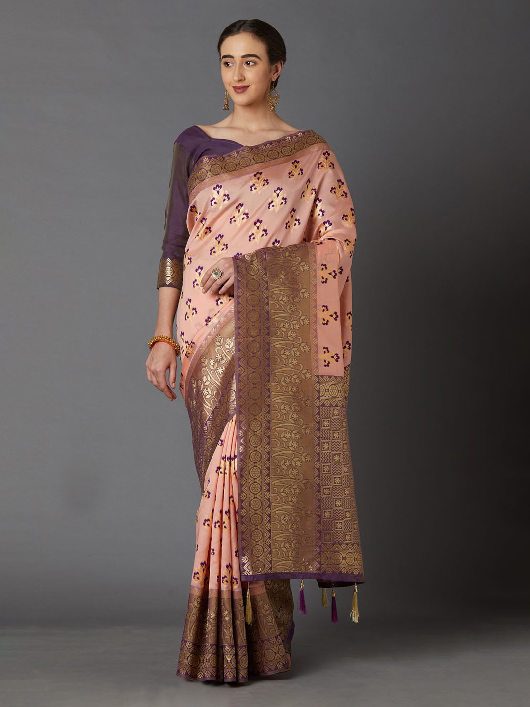 

Mitera Peach-Coloured & Purple Silk Blend Woven Design Kanjeevaram Saree