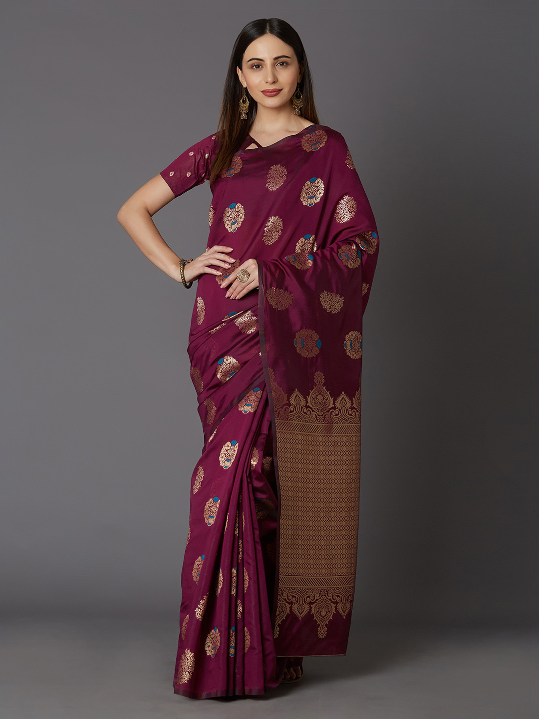 

Mitera Burgundy & Gold-Toned Silk Blend Woven Design Kanjeevaram Saree