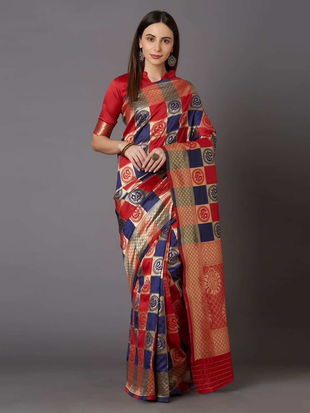 

Mitera Red & Blue Silk Blend Woven Design Kanjeevaram Saree