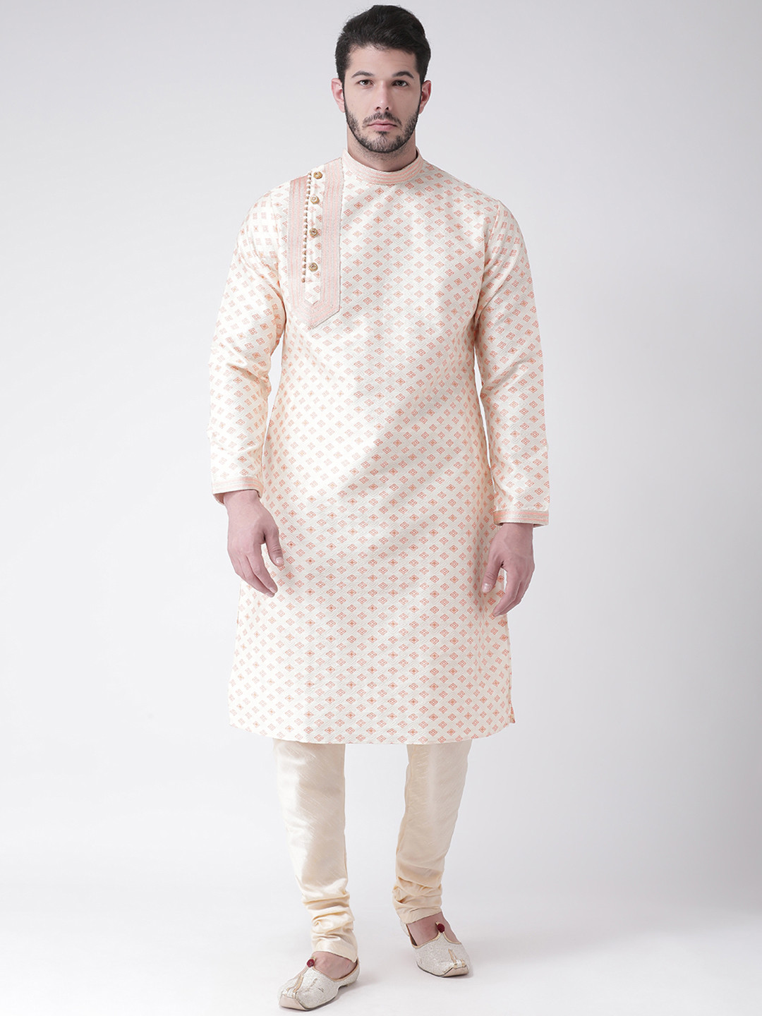 

SG LEMAN Men Cream-Coloured & Peach-Coloured Woven Design Kurta with Churidar