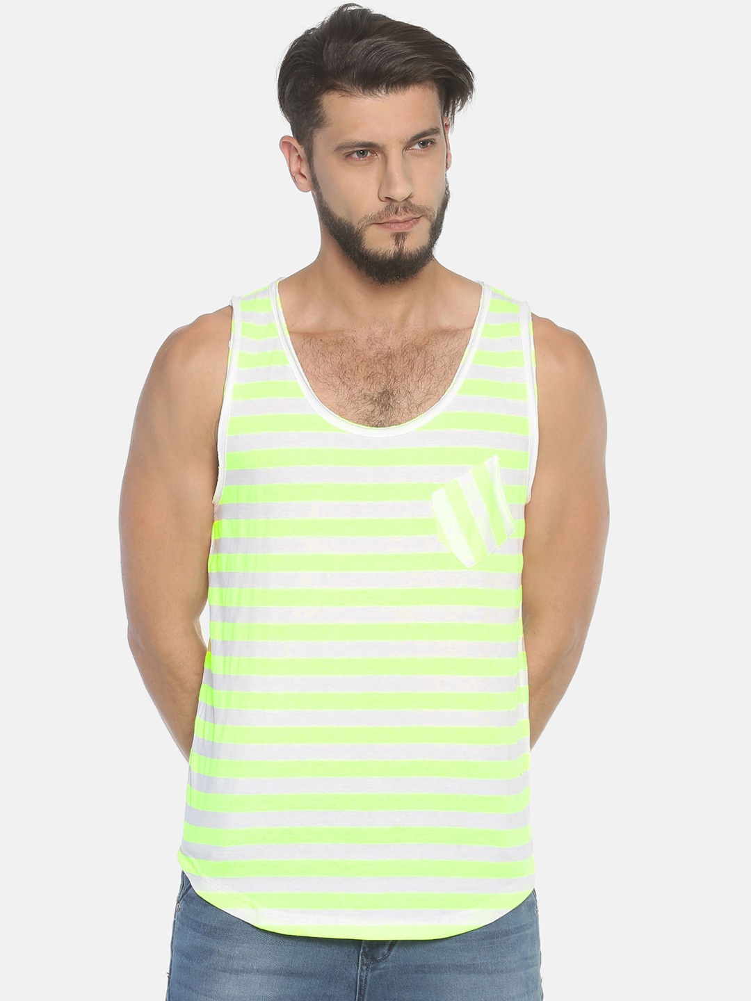 

Masculino Latino Men Fluorescent Green White Striped Round Neck Pure Cotton T-shirt