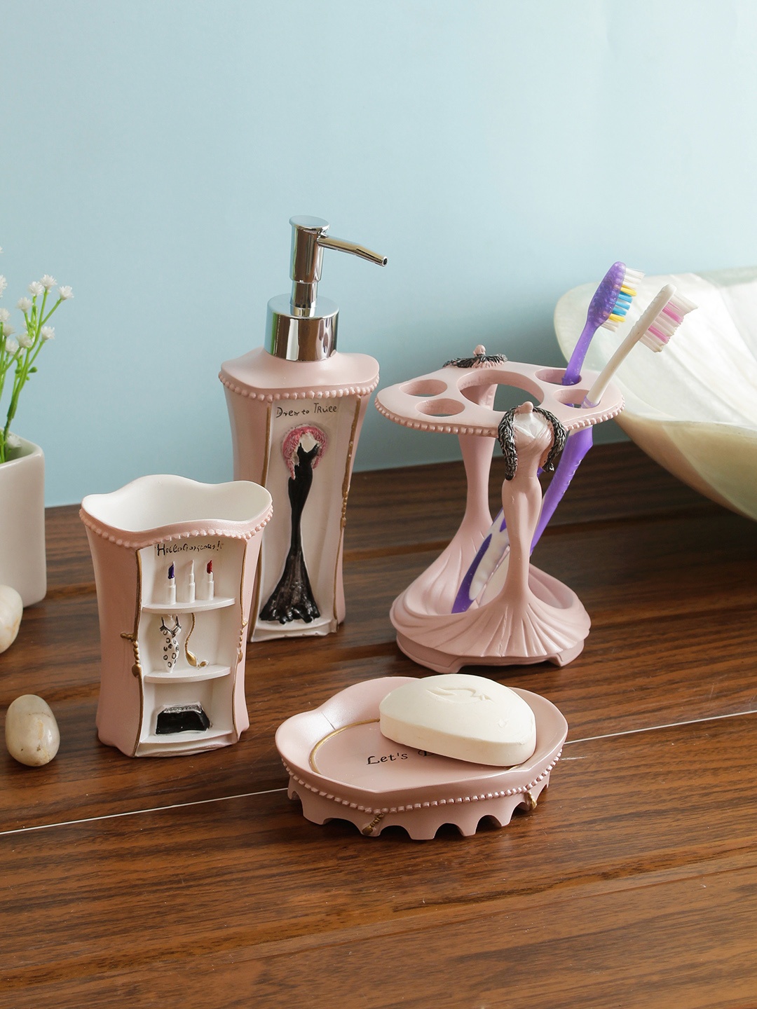 

Cortina Set Of 4 Pink Printed Resin Bathroom Accessories