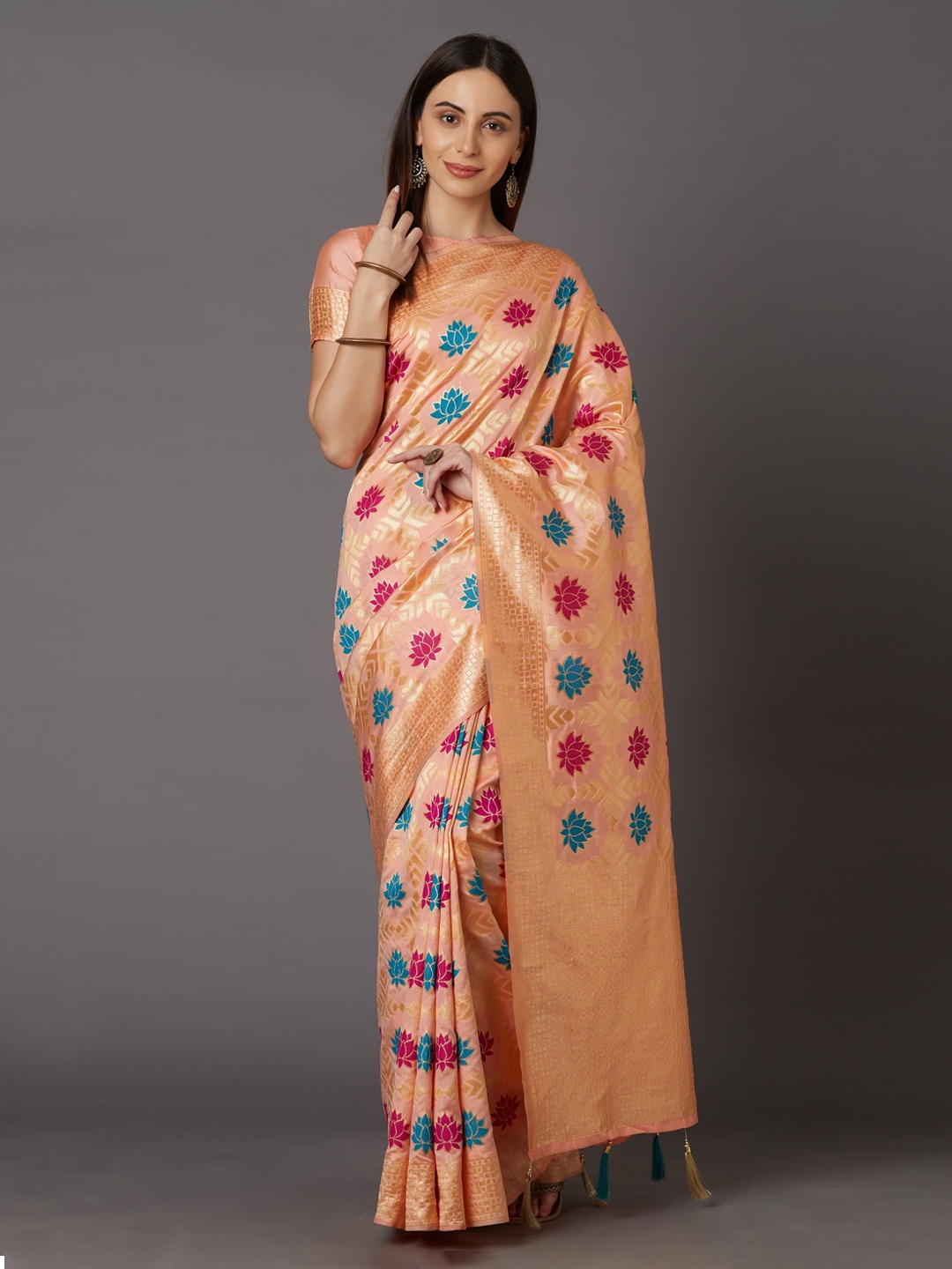 Mitera Peach-Coloured & Blue Silk Blend Woven Design Kanjeevaram Saree