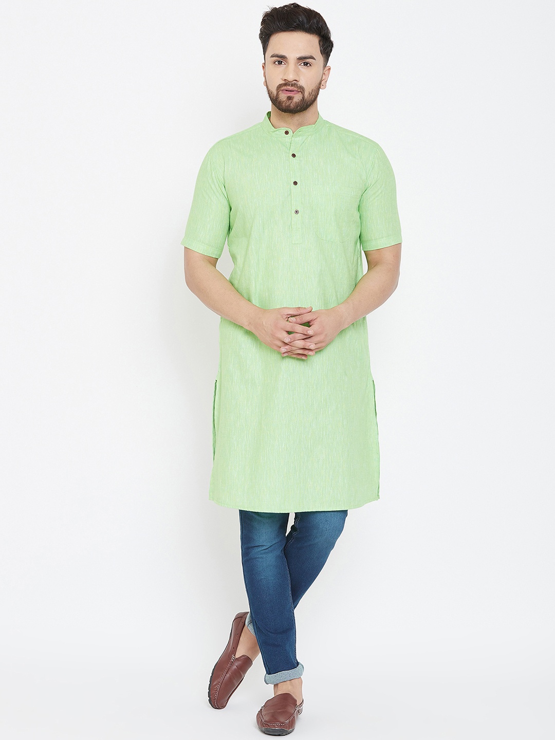 

even Men Green Solid Straight Kurta