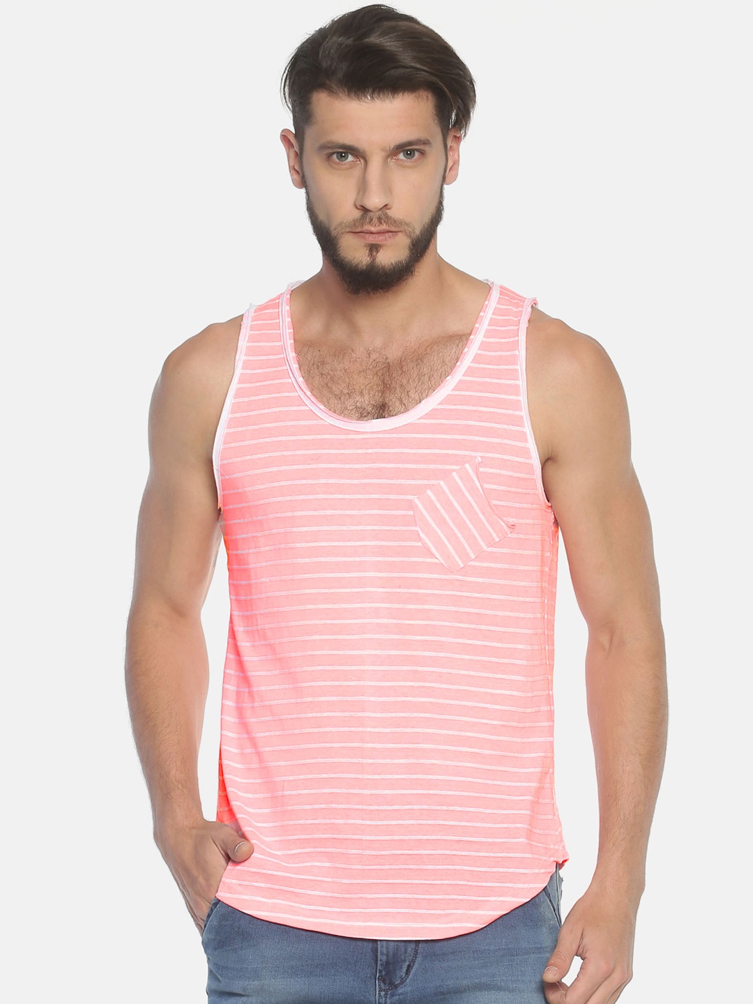 

Masculino Latino Men Pink Striped Round Neck Pure Cotton T-shirt