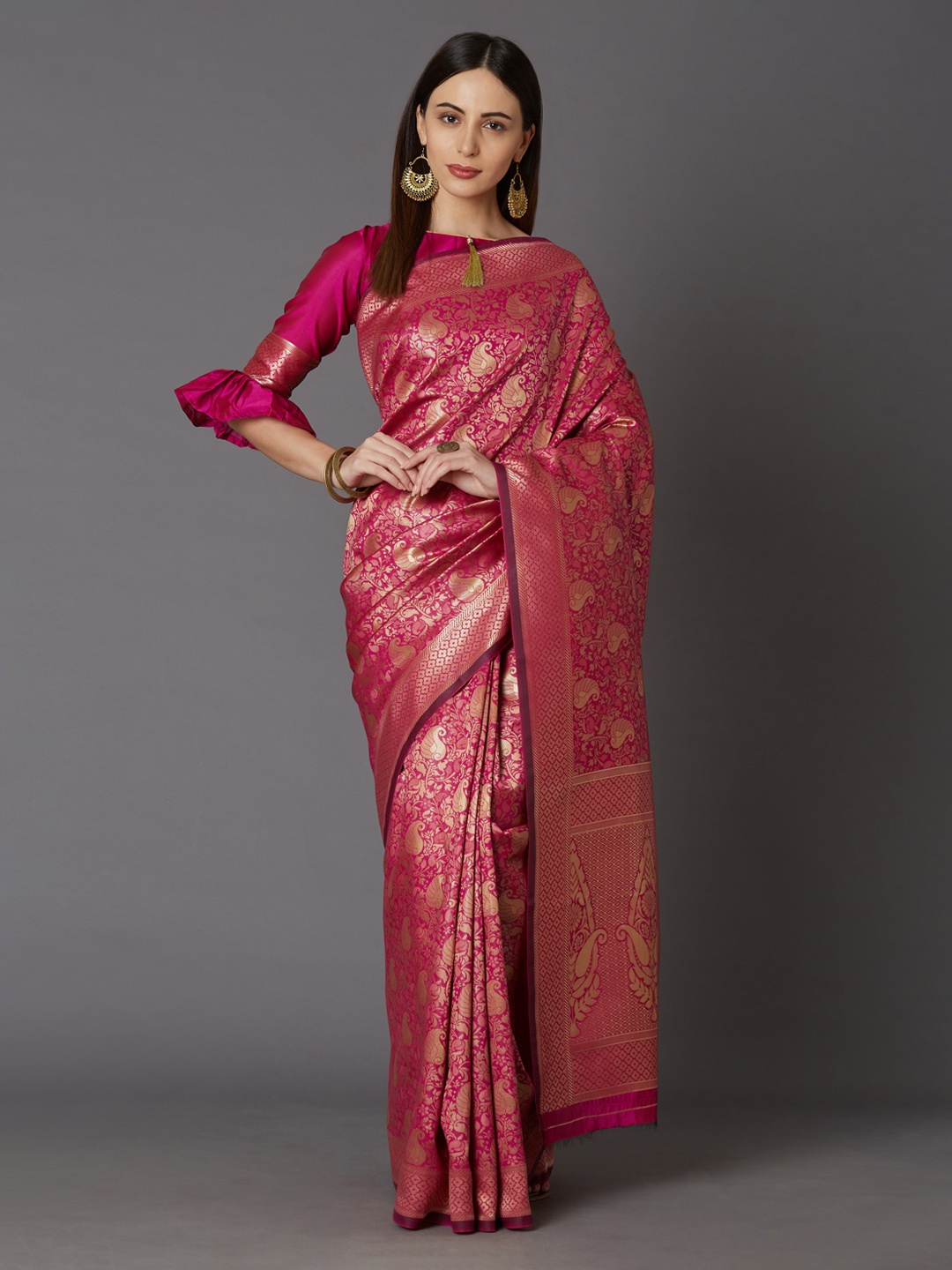 

Mitera Pink & Gold-Toned Silk Blend Woven Design Kanjeevaram Saree