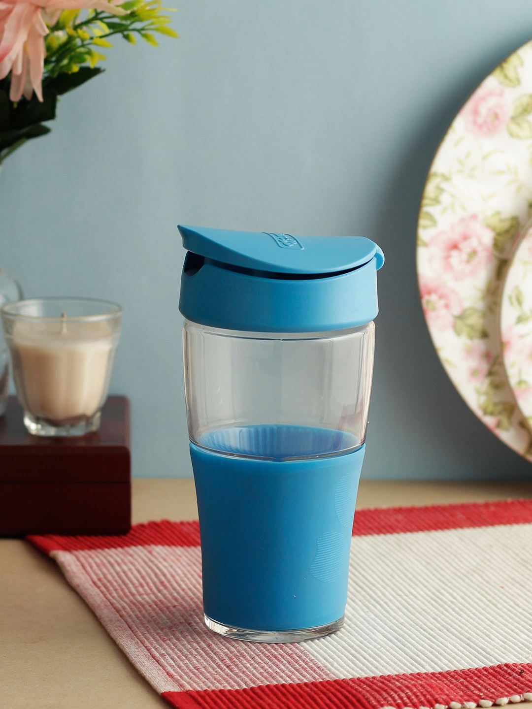 Luminarc Blue Solid Jar To Go Portable Glass Water Bottle 500 ml