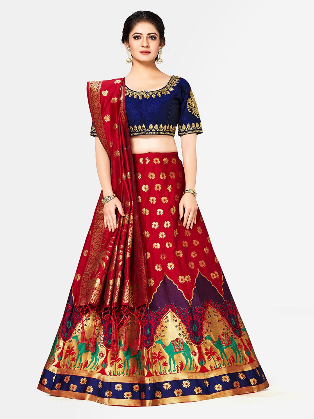 

MIMOSA Navy Blue & Maroon Woven Design Semi-Stitched Bridal Lehenga & Blouse with Dupatta