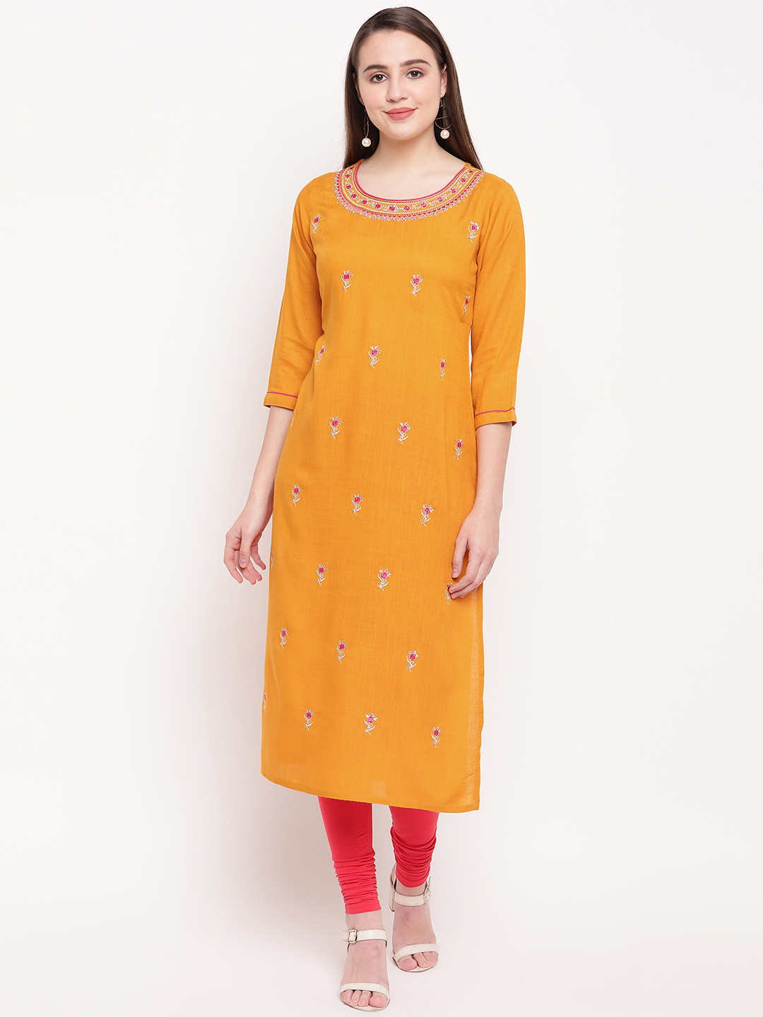 

Vbuyz Women Yellow Embroidered Straight Kurta