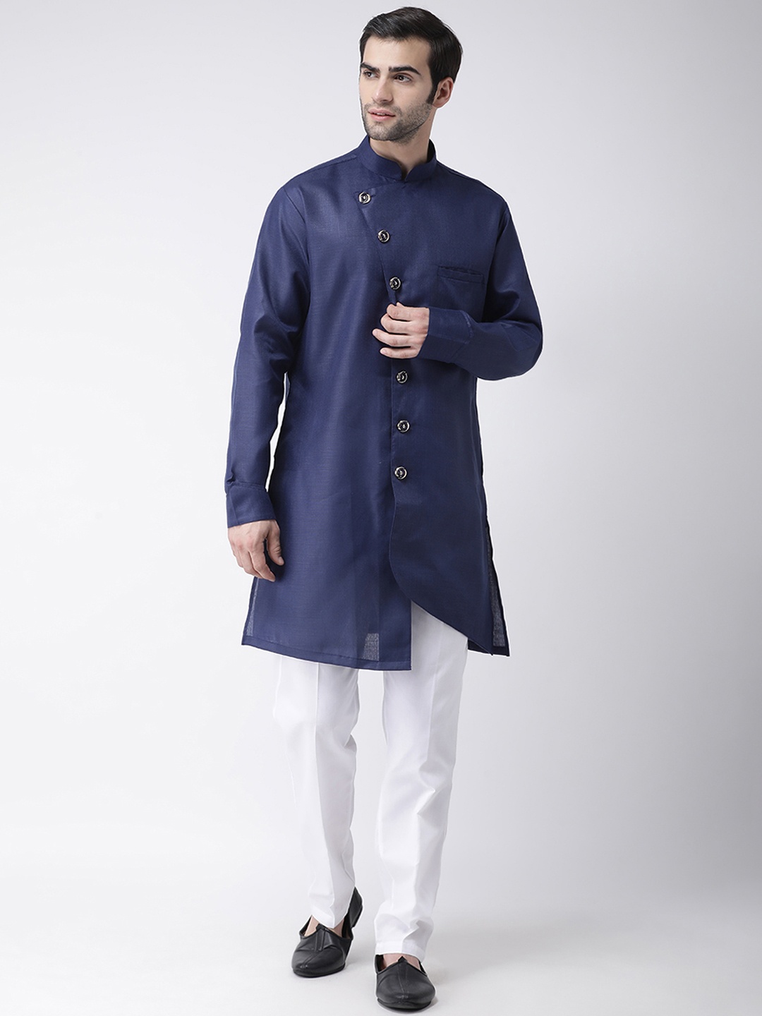 SG LEMAN Men Navy Blue & White Solid Kurta with Trousers