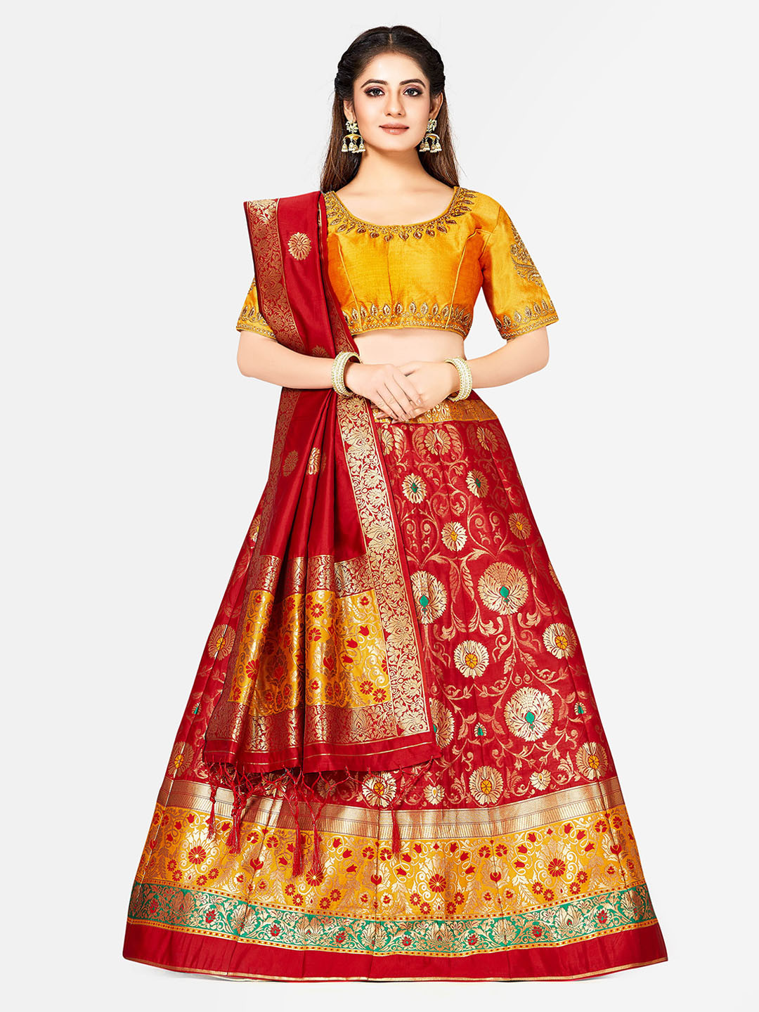 

MIMOSA Red & Yellow Embroidered Semi-Stitched Lehenga & Blouse with Dupatta