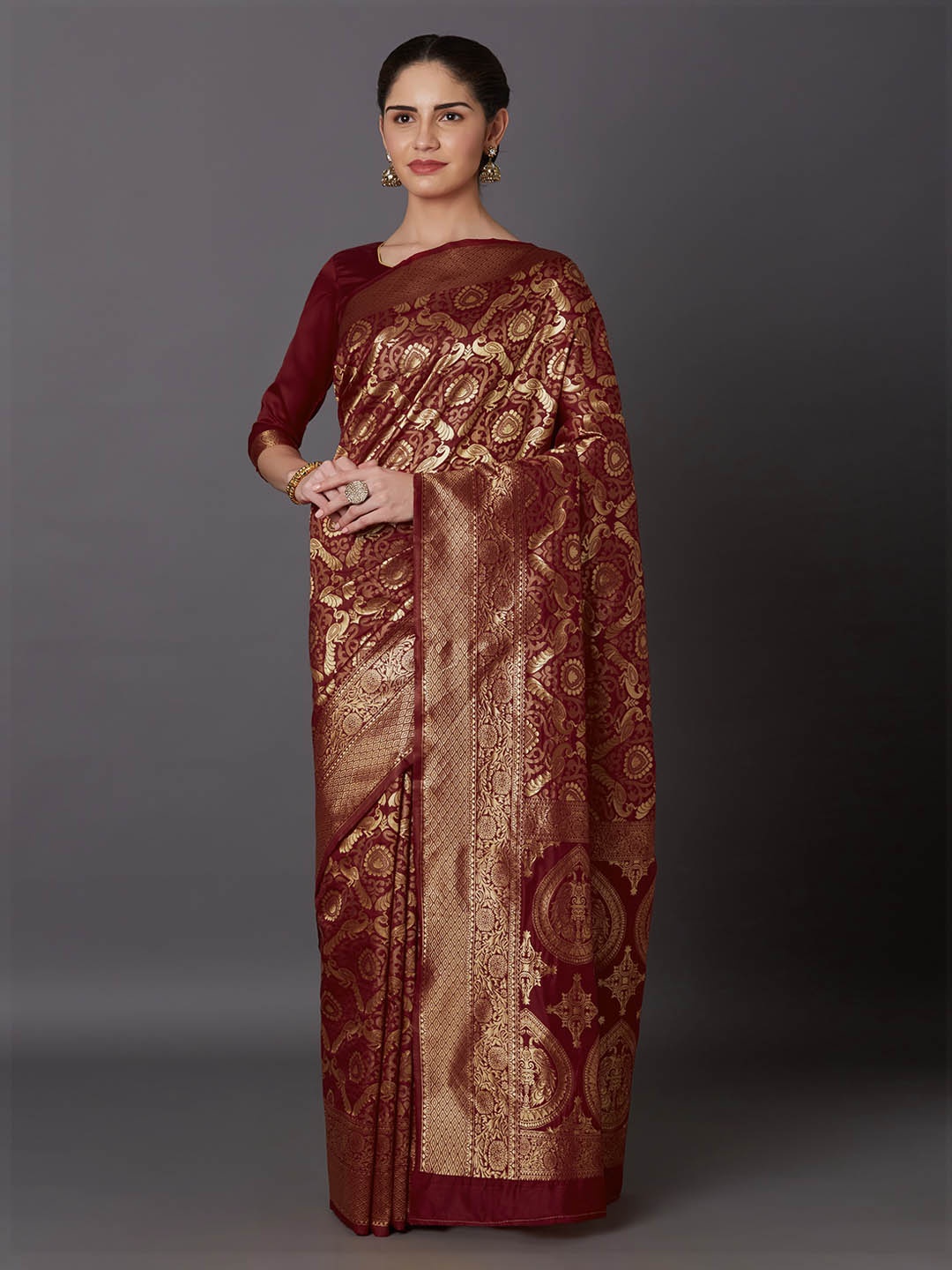 

Mitera Brown & Gold-Toned Silk Blend Woven Design Kanjeevaram Saree
