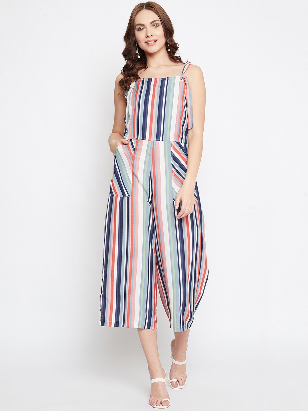 

PURYS Women Navy Blue & White Striped Culotte Jumpsuit