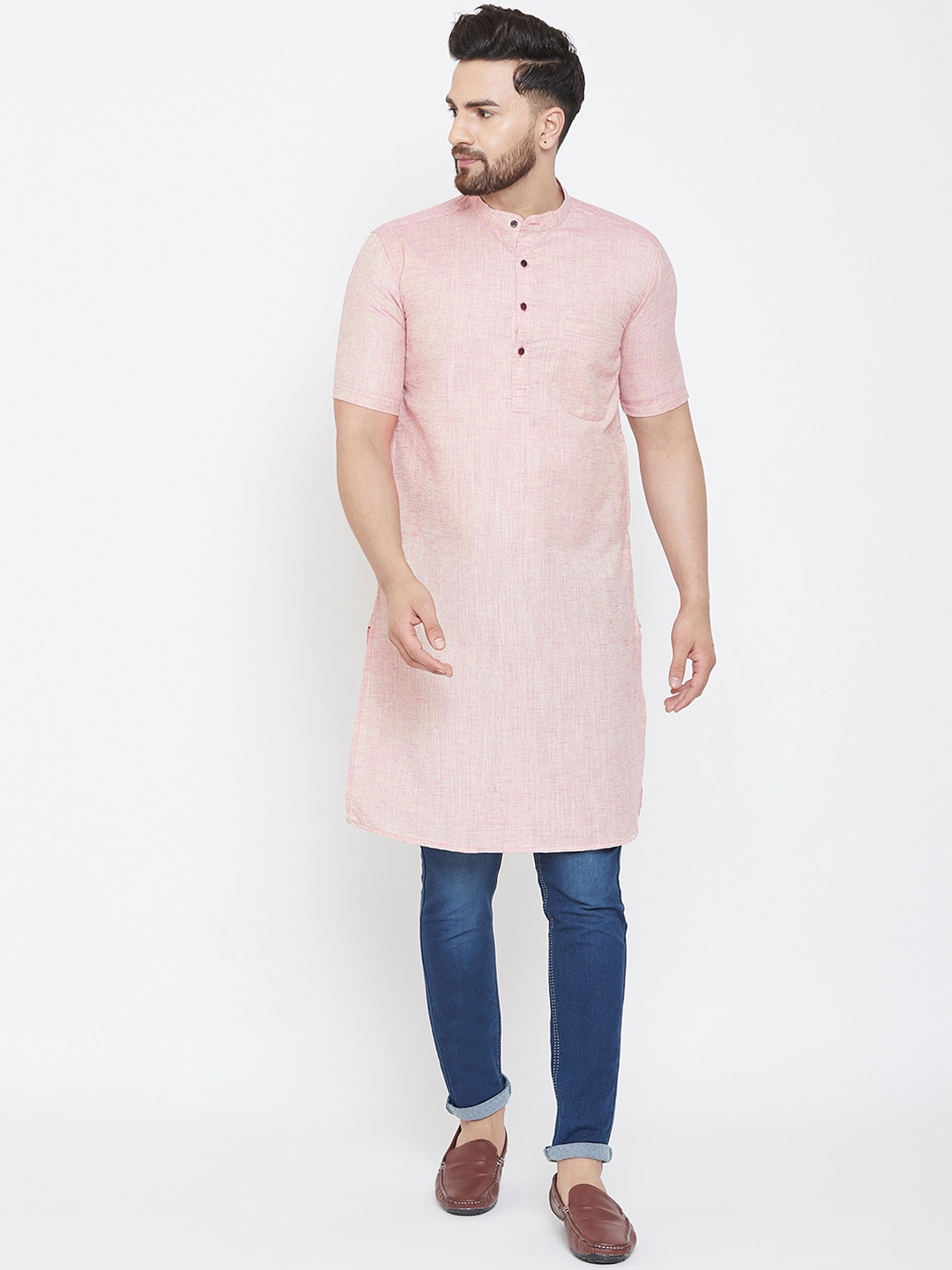 

even Men Peach-Coloured Solid Straight Kurta