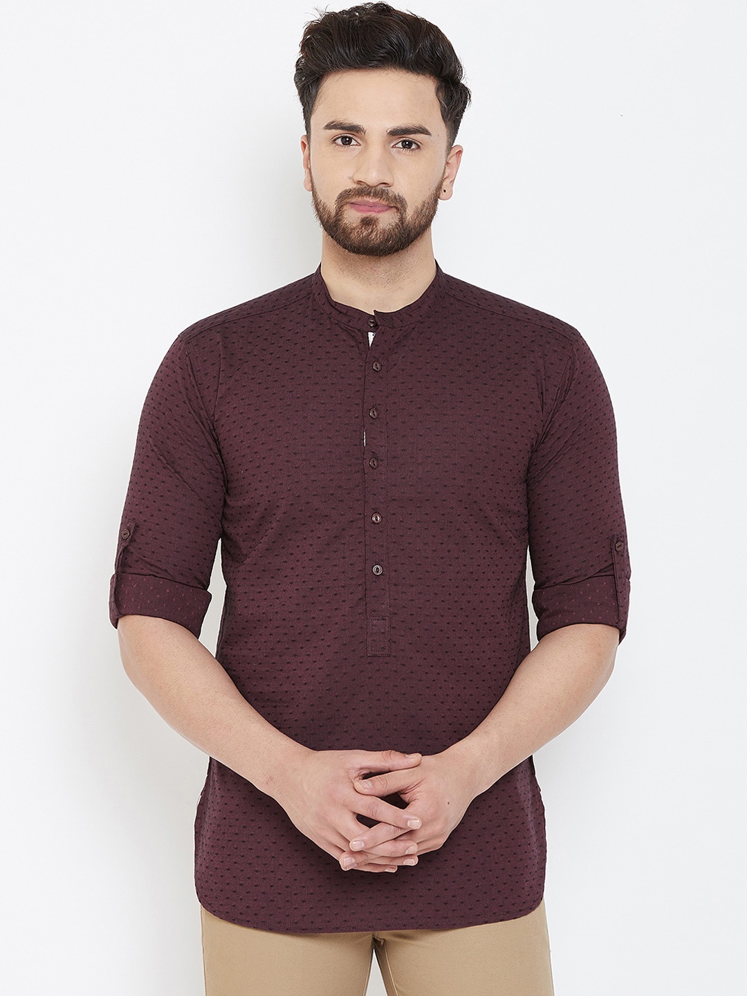 

even Men Burgundy Woven Design Straight Kurta