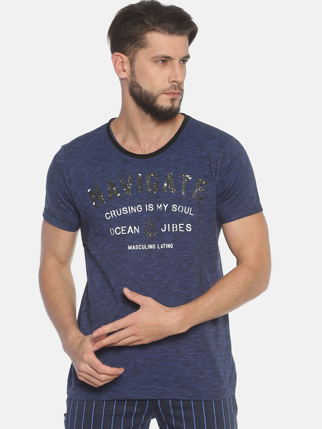 

Masculino Latino Men Navy Blue Printed Round Neck Pure Cotton T-shirt