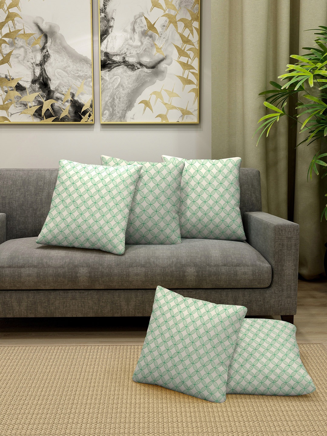 

KLOTTHE Green & White Set of 5 Geometric Square Cushion Covers