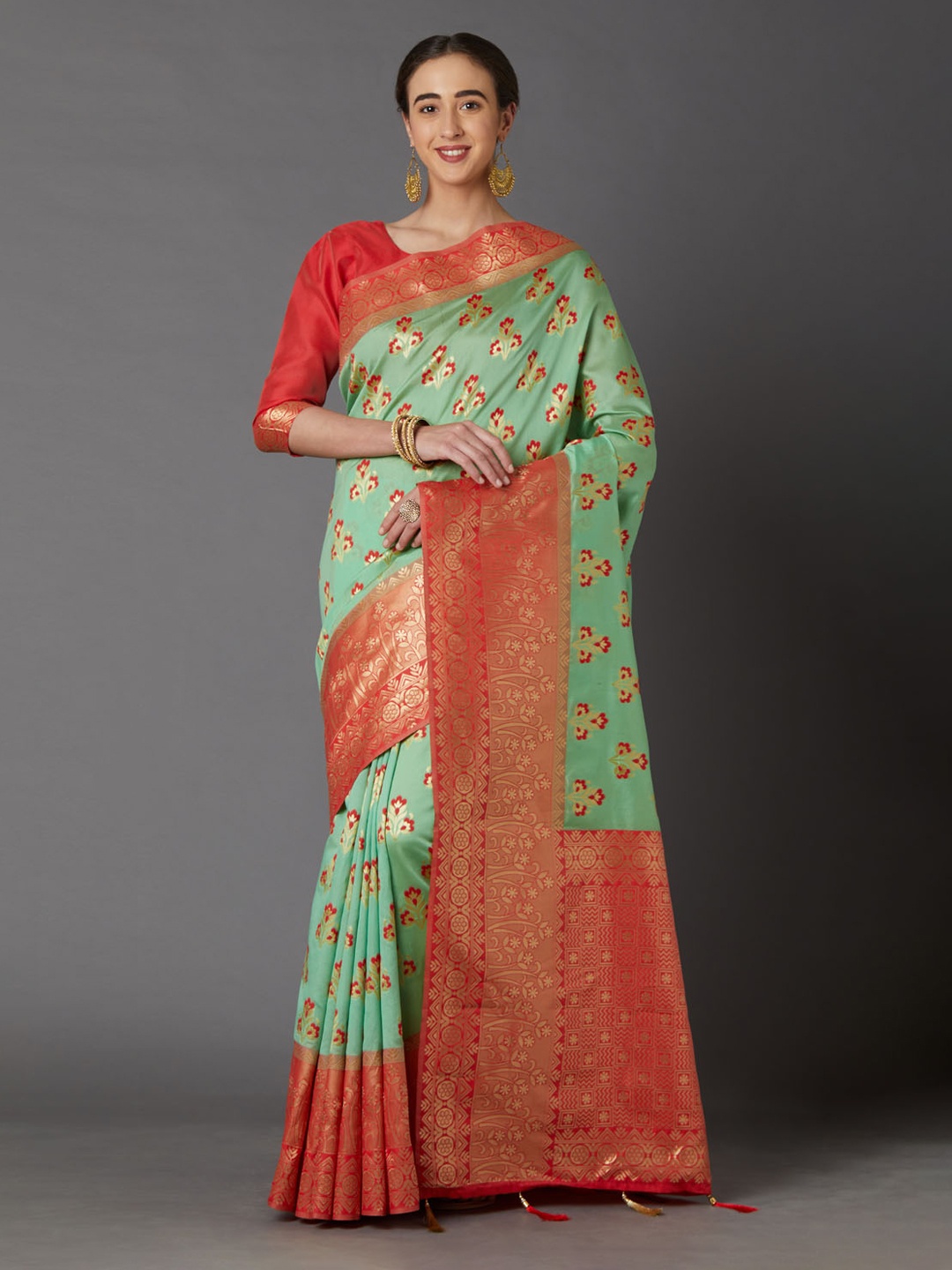 

Mitera Green & Orange Silk Blend Woven Design Kanjeevaram Saree