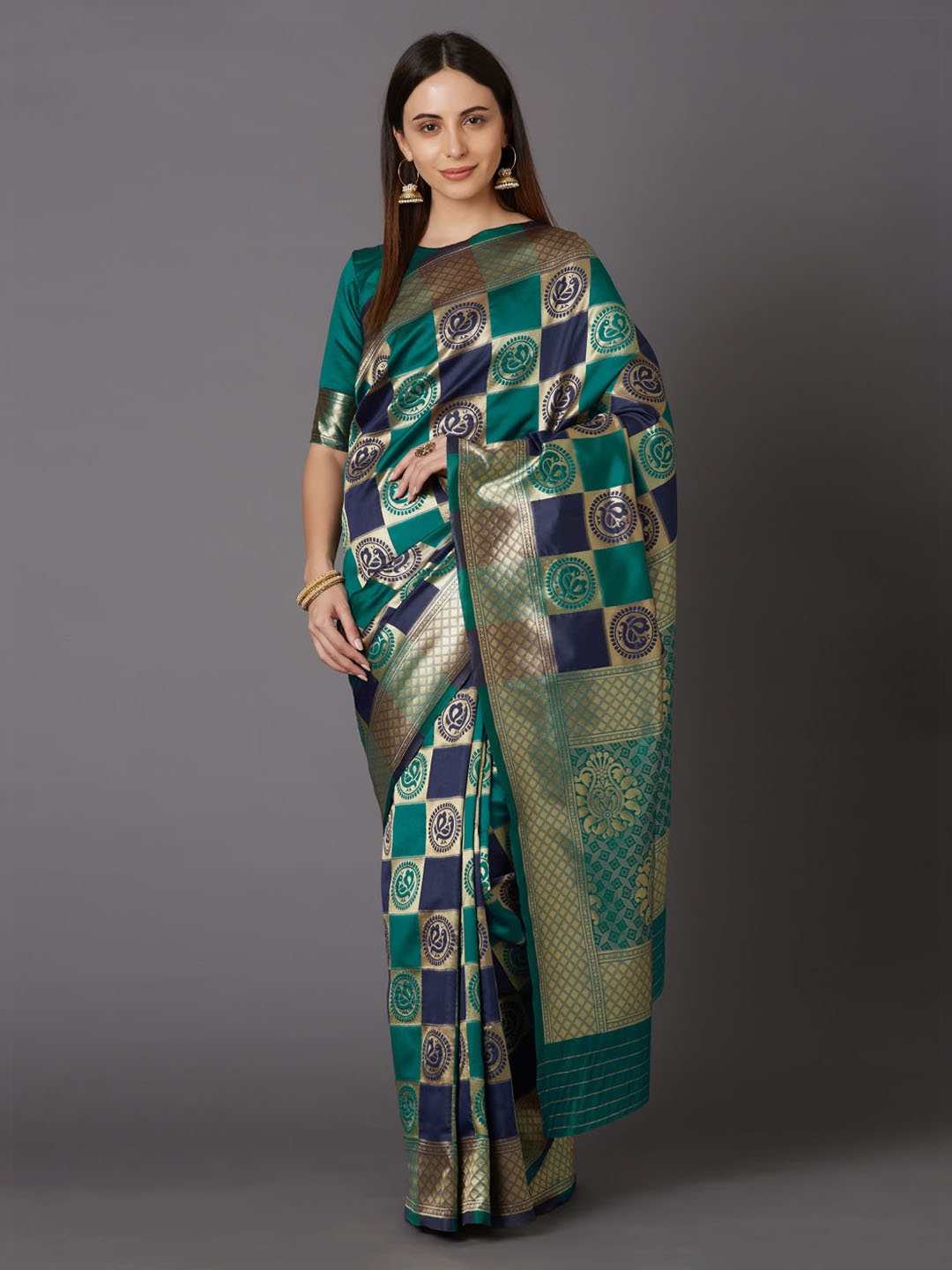 

Mitera Green & Blue Silk Blend Woven Design Kanjeevaram Saree