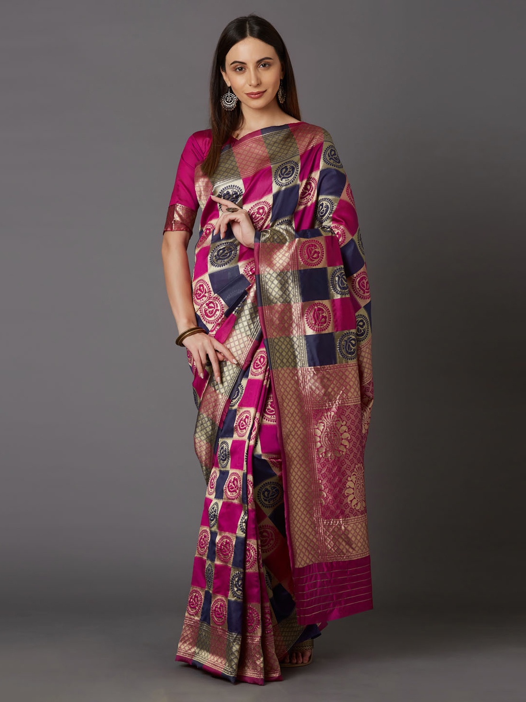 

Mitera Pink & Blue Silk Blend Woven Design Kanjeevaram Saree