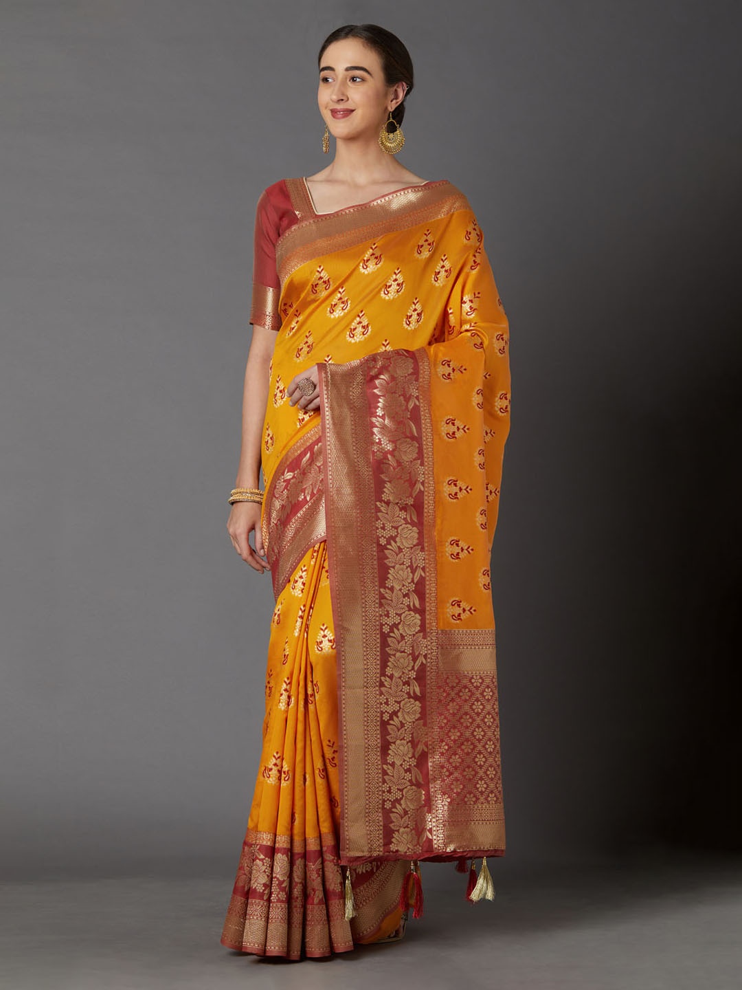 

Mitera Mustard Yellow & Brown Silk Blend Woven Design Kanjeevaram Saree
