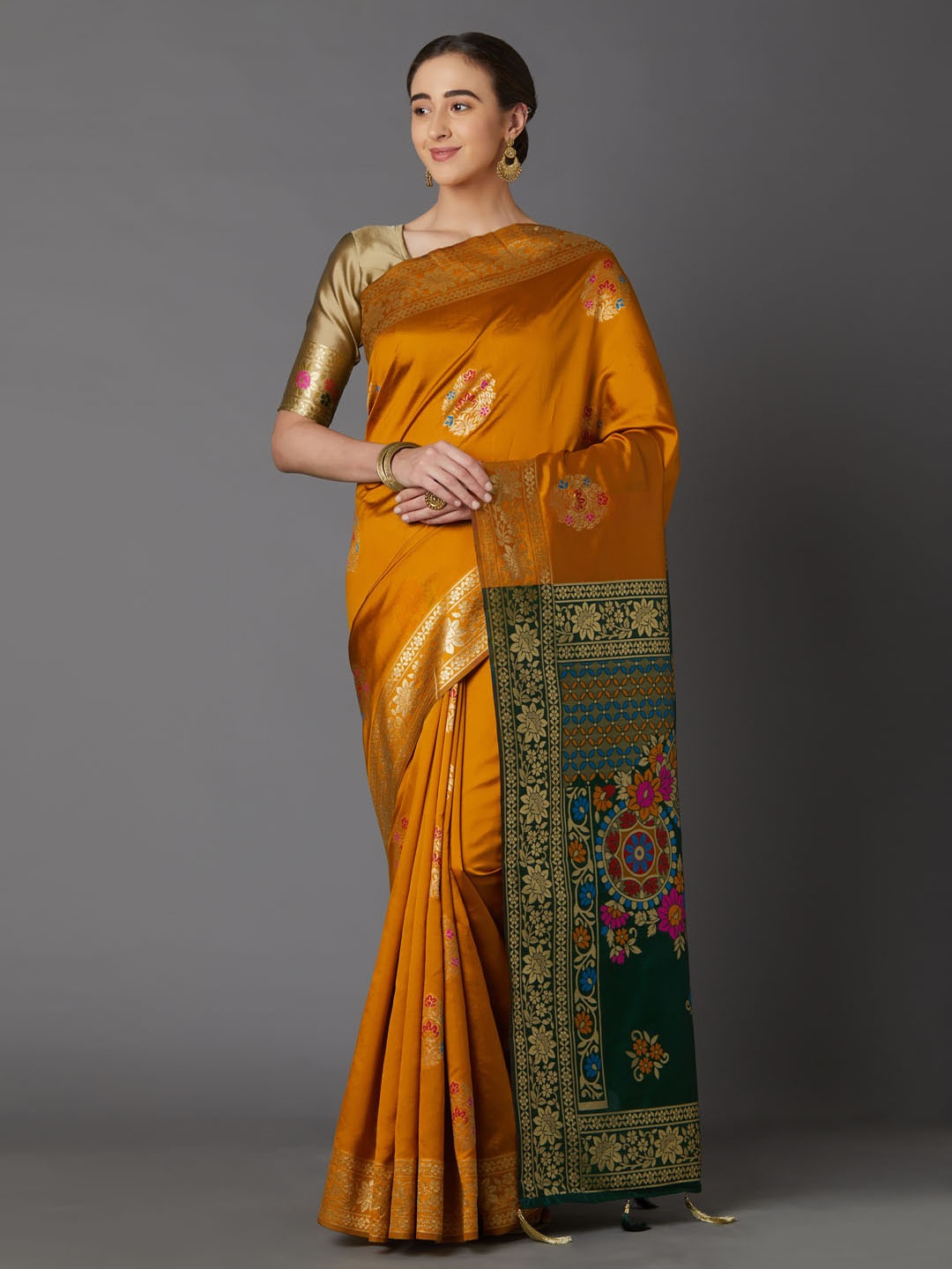 

Mitera Mustard & Gold-Coloured Silk Blend Woven Design Kanjeevaram Saree