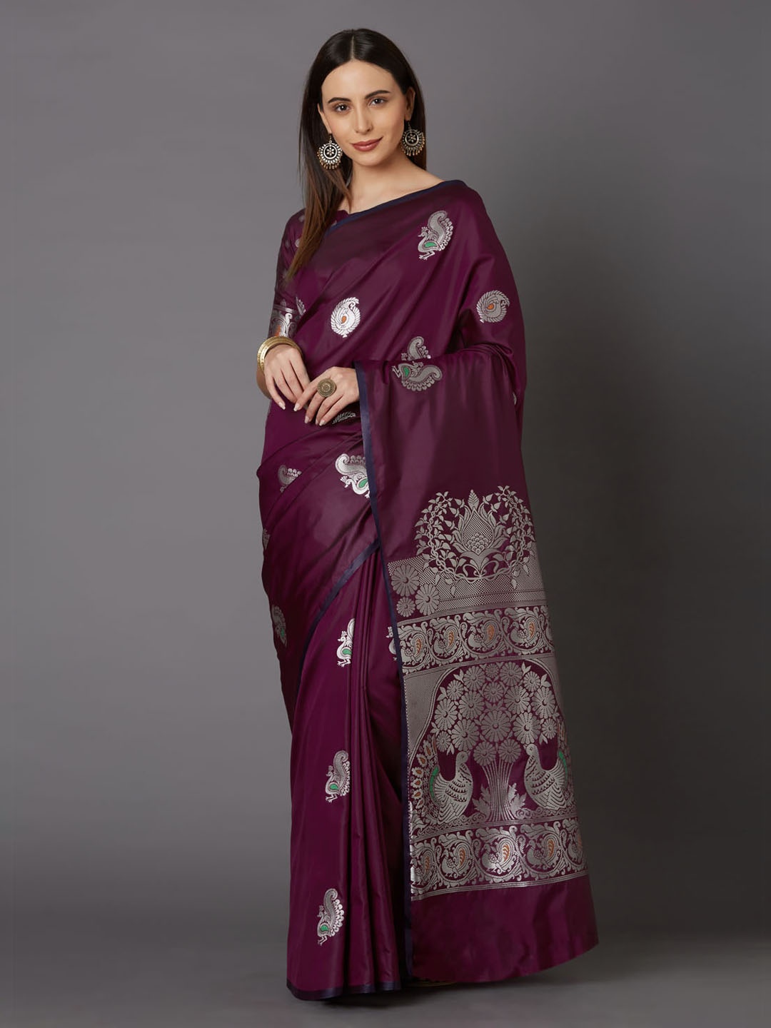 Mitera Purple & Silver-Toned Silk Blend Woven Design Kanjeevaram Saree