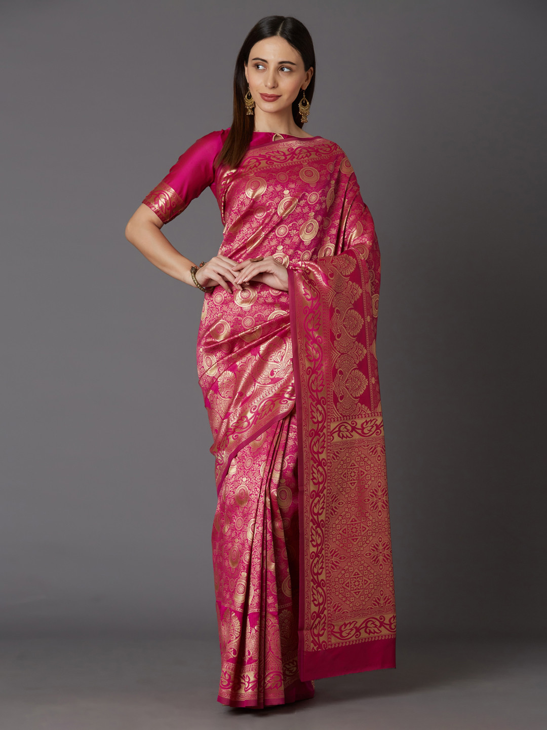 

Mitera Pink & Gold-Toned Silk Blend Woven Design Kanjeevaram Saree
