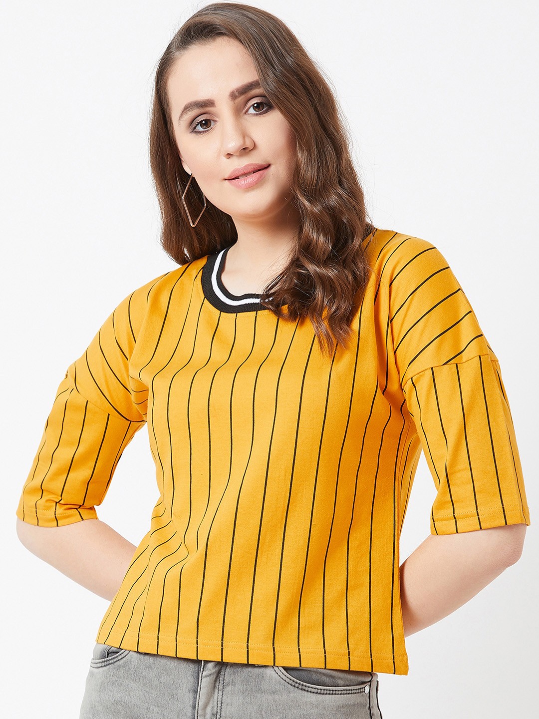 

The Dry State Women Mustard Yellow & Black Striped Round Neck T-shirt