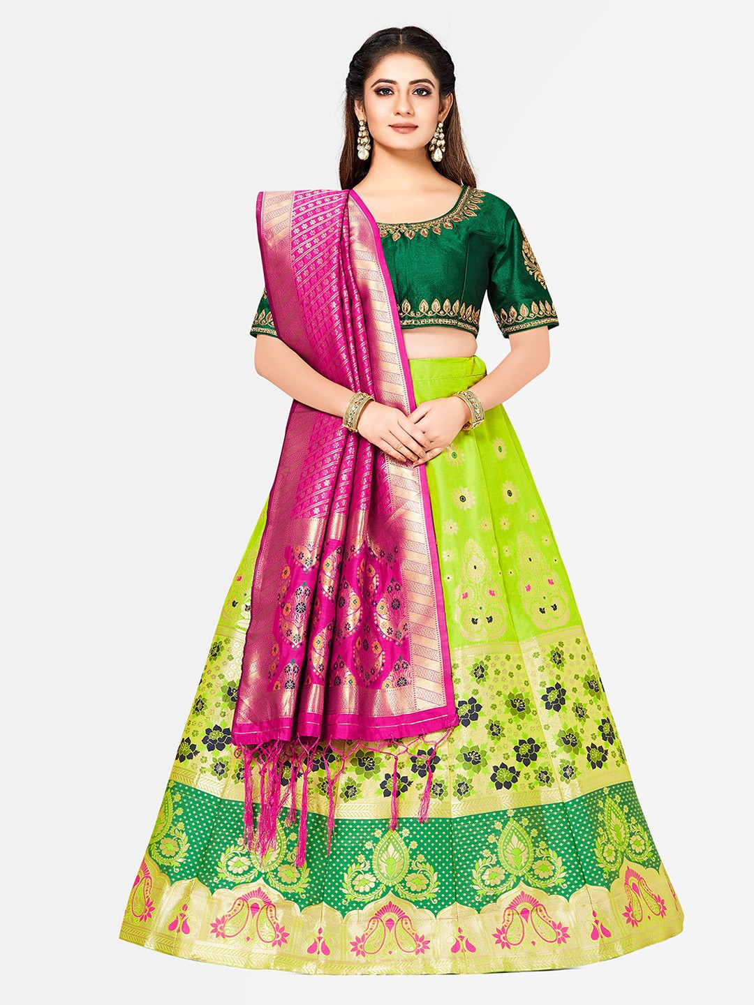 MIMOSA Green & Pink Embroidered Semi-Stitched Lehenga & Blouse with Dupatta